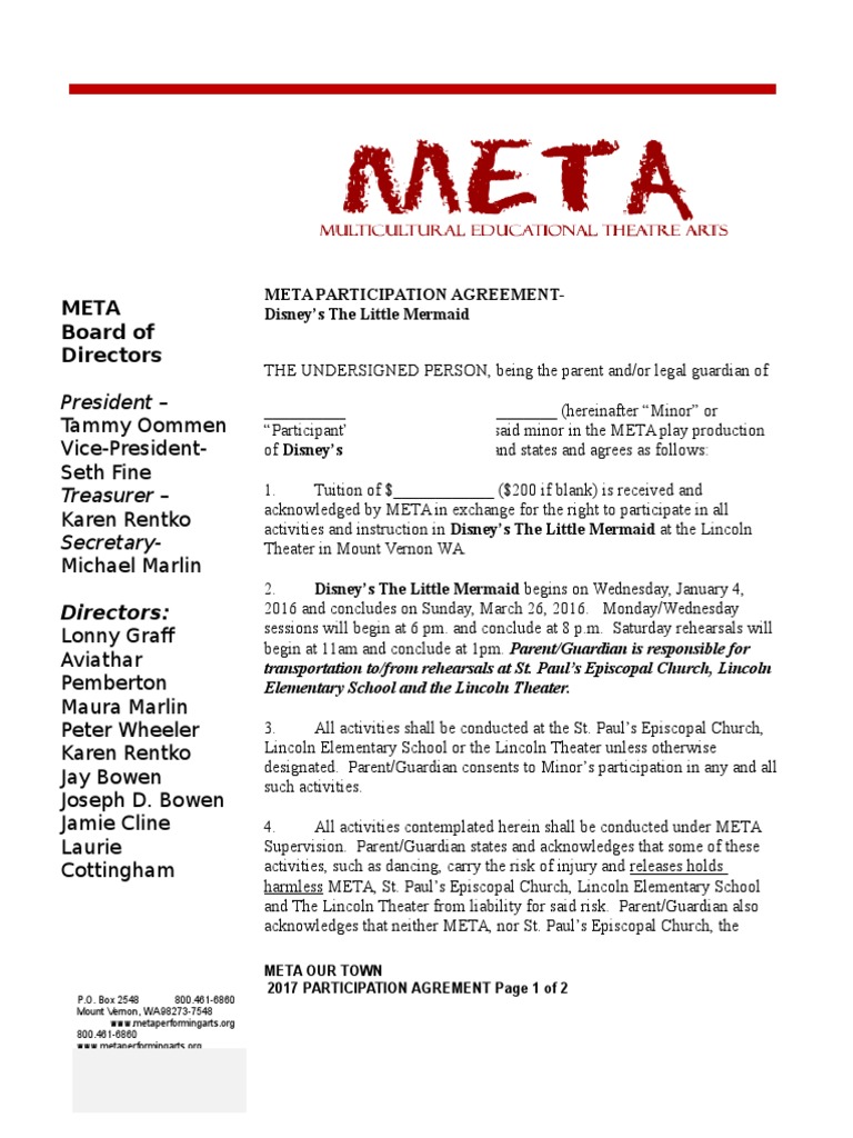 META Participation Agreement: The Little Mermaid | PDF | Legal Guardian ...