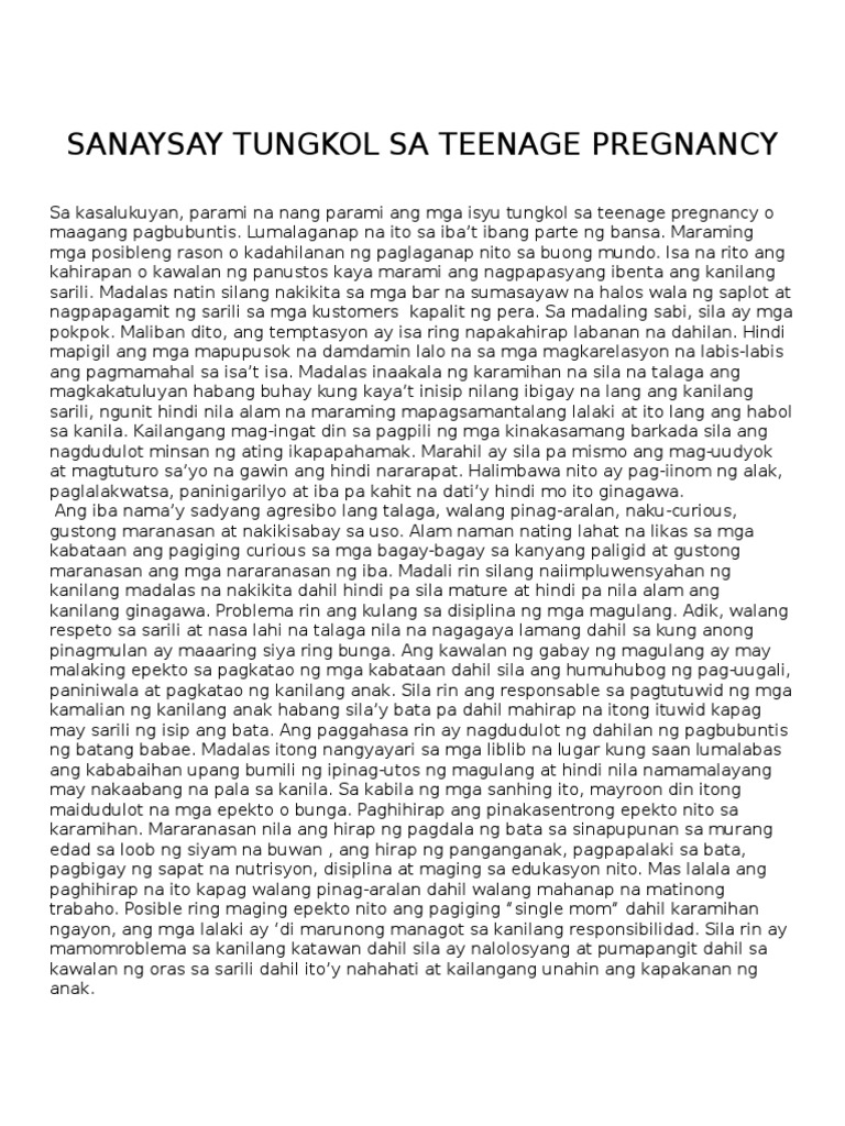 Sanaysay Tungkol Sa Teenage Pregnancy