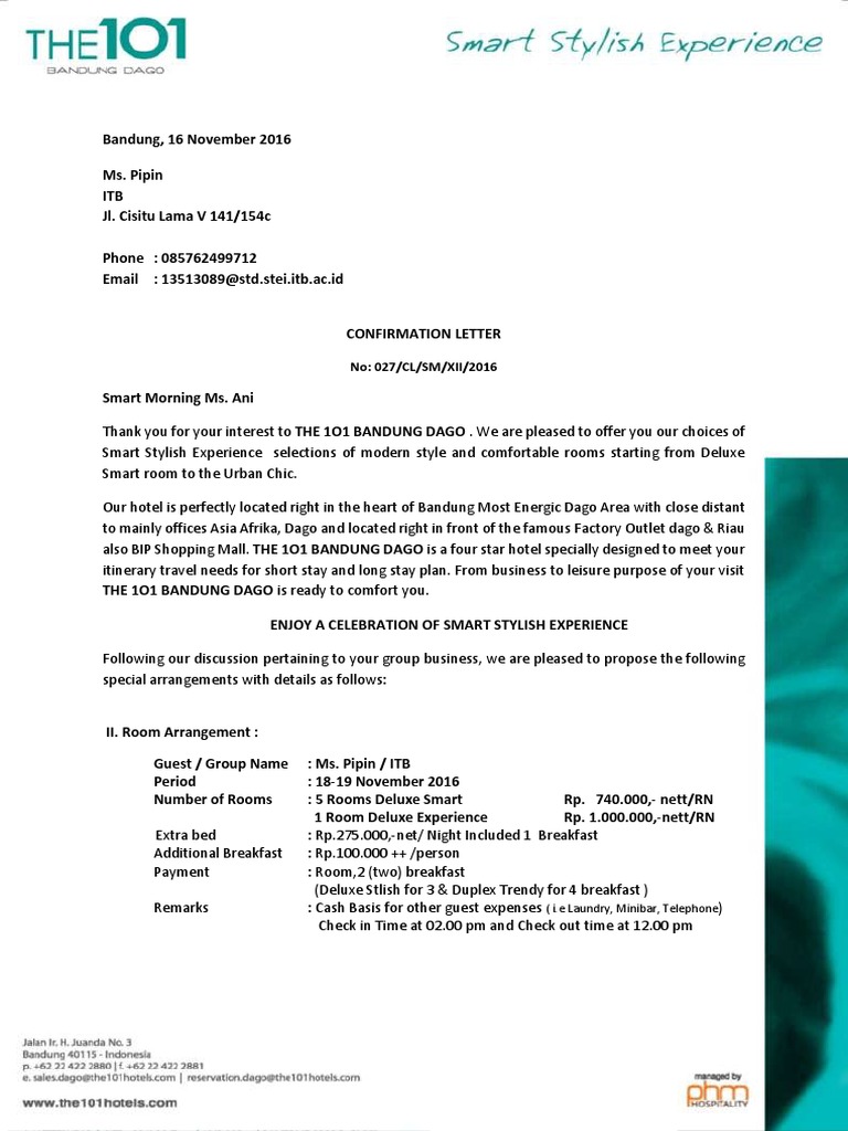 Group Booking Confirmation at THE 1O1 Bandung Dago | PDF | Service ...