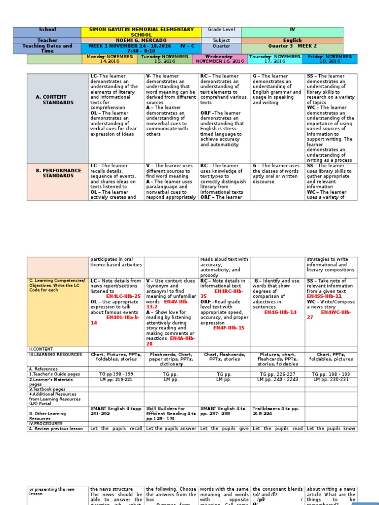 English 4 Week 2 Lesson Plan | PDF | English Language | Reading (Process)