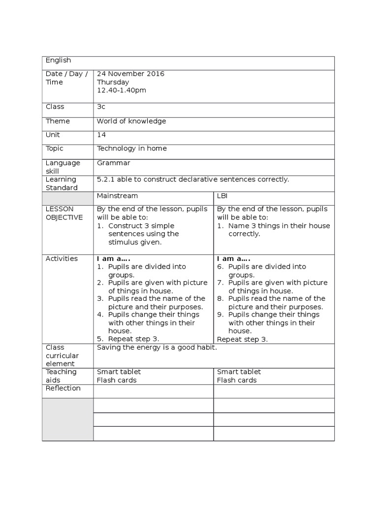 Technology in Home Lesson Plan | PDF | Language Arts & Discipline
