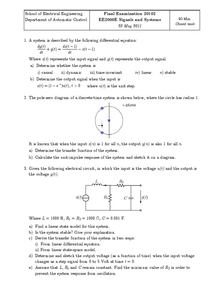 Final Examination 20102 EE2000E Signals and Systems: Closed Book | PDF