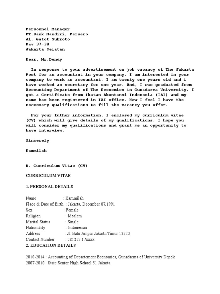 Aplication Letter Resume Business