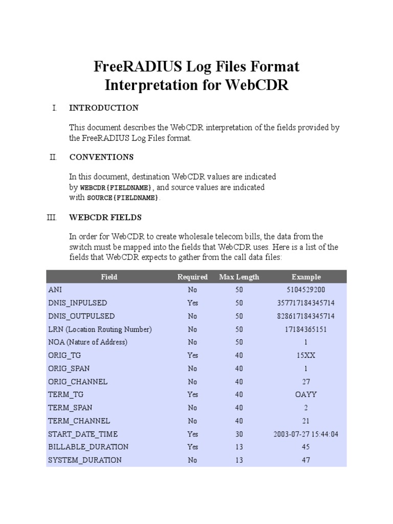 FreeRADIUS Log Files Format Interpretation For CDR PDF Quality