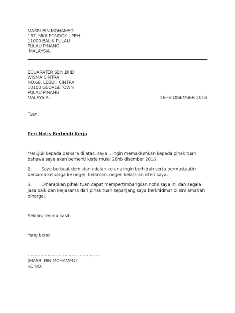 Contoh Surat Berhenti Kerja Notis Sebulan