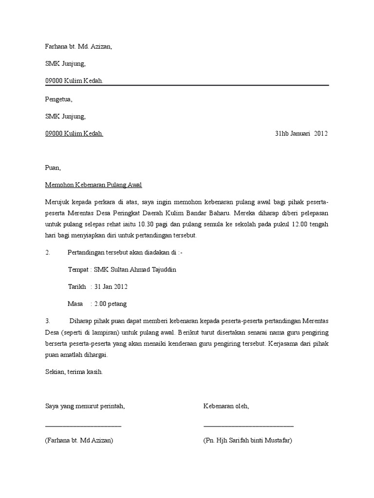 Contoh Surat Minta Kebenaran Balik Awal Untuk Bulan Puasa Claire Oware