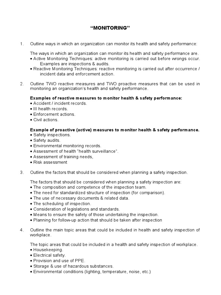 “Monitoring” Examples of reactive measures to monitor health & safety