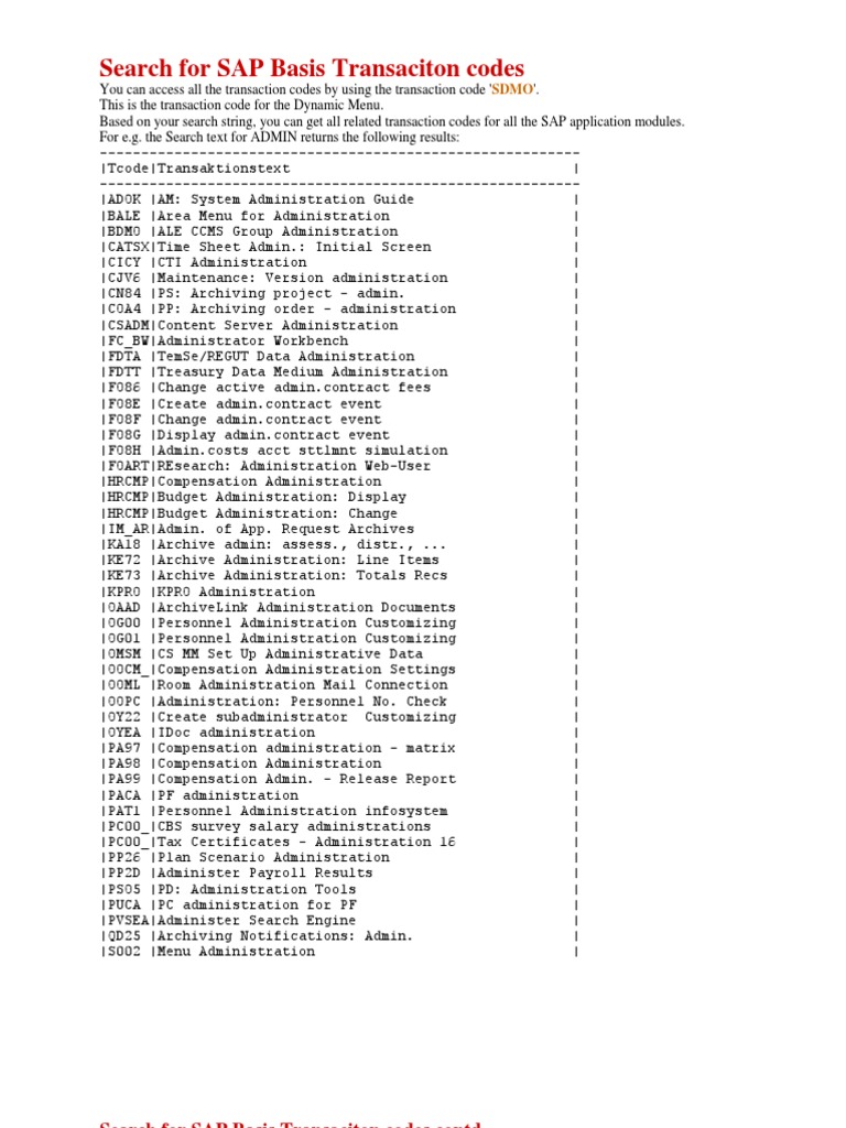SAP Transaction Codes Overview | PDF | Computers