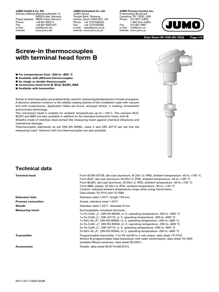ScrewIn Thermocouples With Terminal Head Form B Technical Data PDF