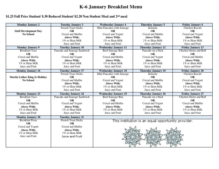 K-6 January Breakfast Menu 2023 | PDF | Cooking, Food & Wine | Lifestyle