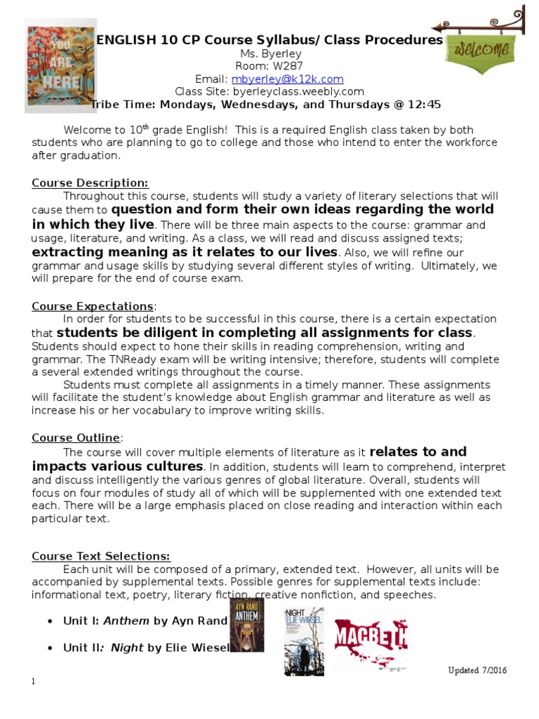English 10 CP Course Syllabus - Spring 17 Updates | PDF | Homework ...