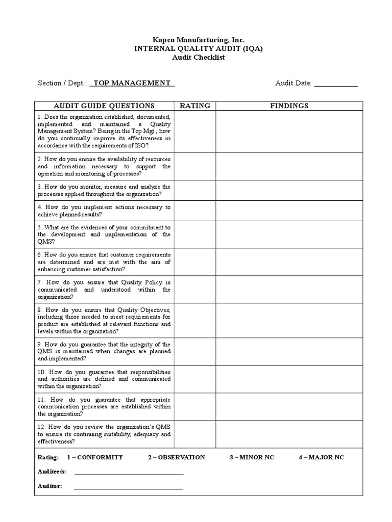 Kapco IQA Audit Checklist Overview | PDF | Verification And Validation ...