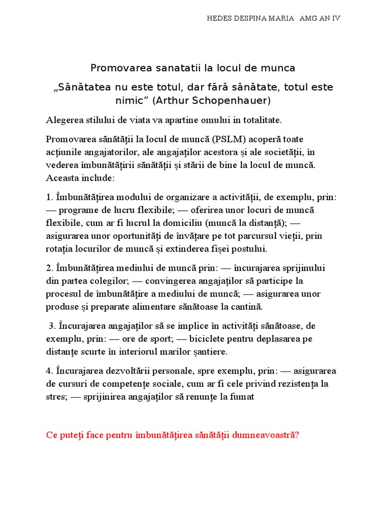 Promovarea Sanatatii La Locul de Munca Referat