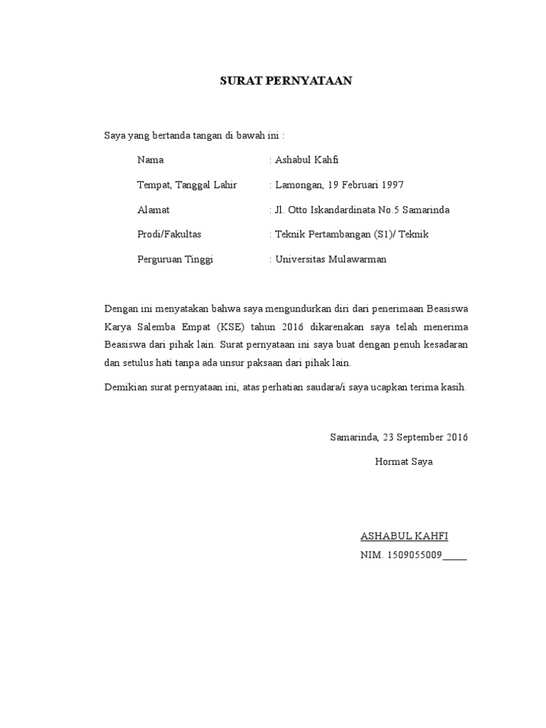 Surat Pernyataan Pengunduran Beasiswa Pdf