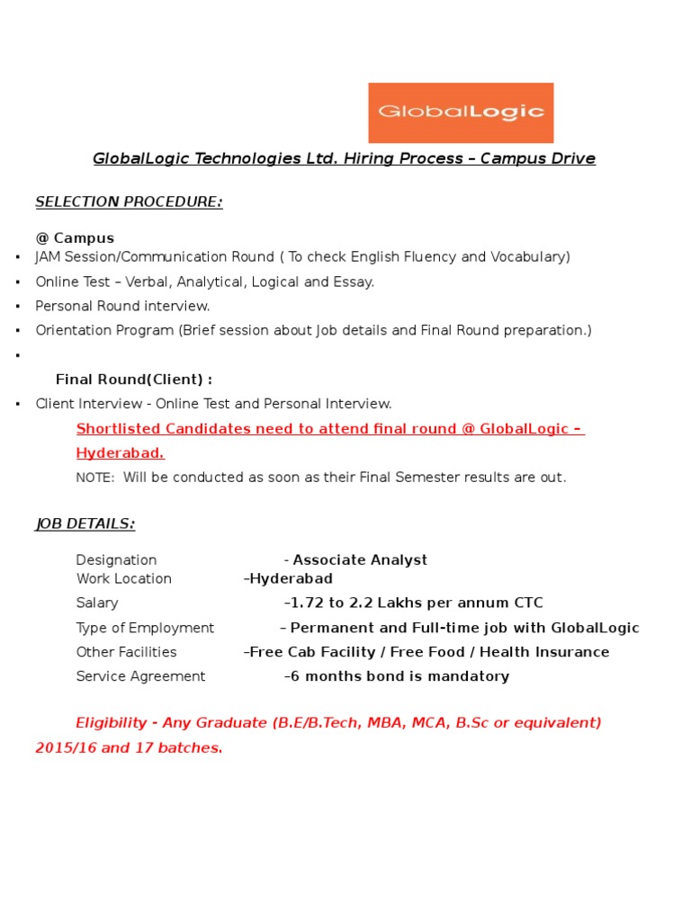 Globallogic Technologies Ltd. Hiring Process - Campus Drive 