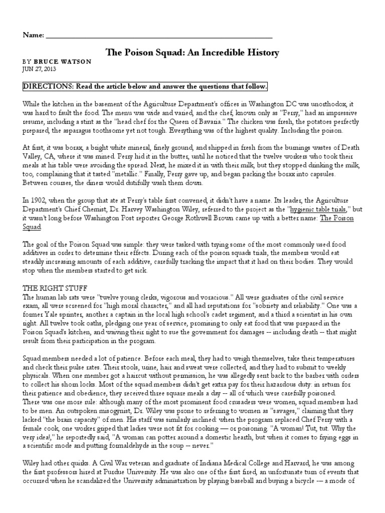 The Poison Squad Apush PDF Food And Drink Preparation Foods