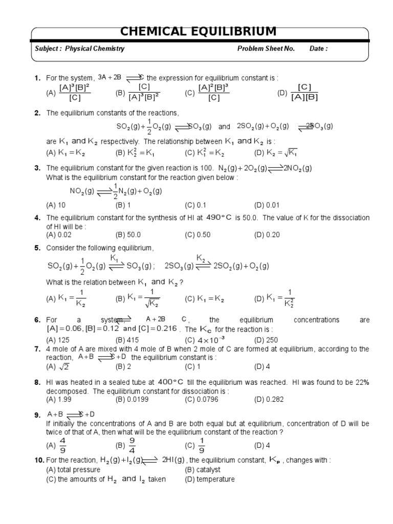 Chemical Equilibrium Problem Set | PDF | Chemical Equilibrium ...