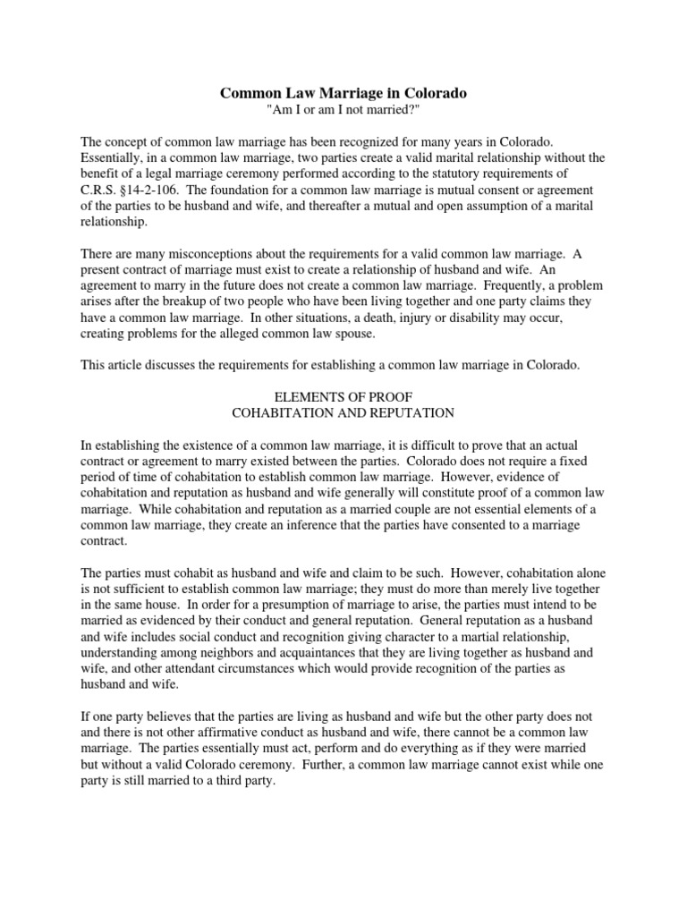Common Law Marriage in Colorado PDF Wife Husband