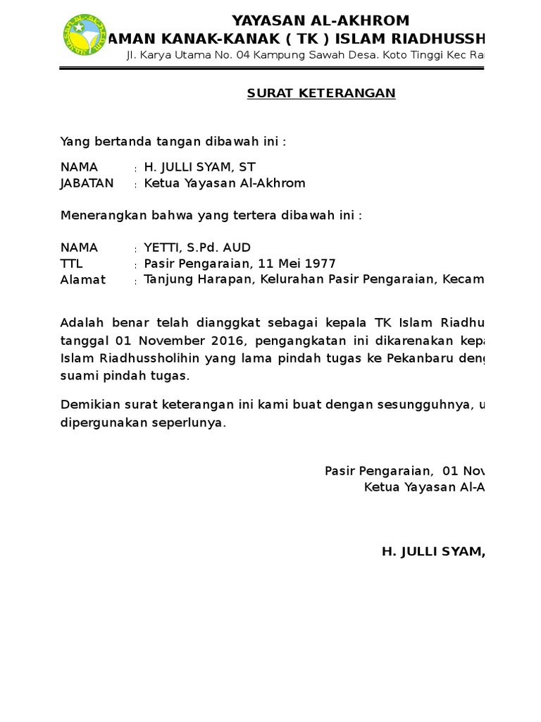 Contoh Surat Keterangan Diterima Di Sekolah Tk - IMAGESEE