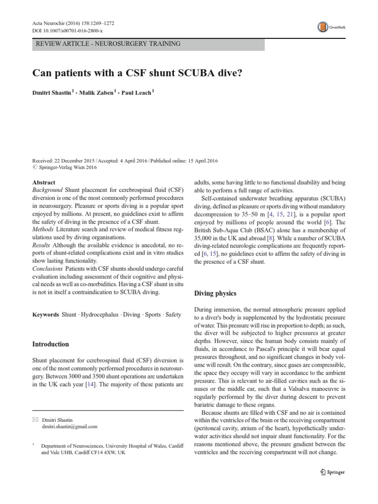 Can Patients With A CSF Shunt SCUBA Dive? PDF Scuba Diving