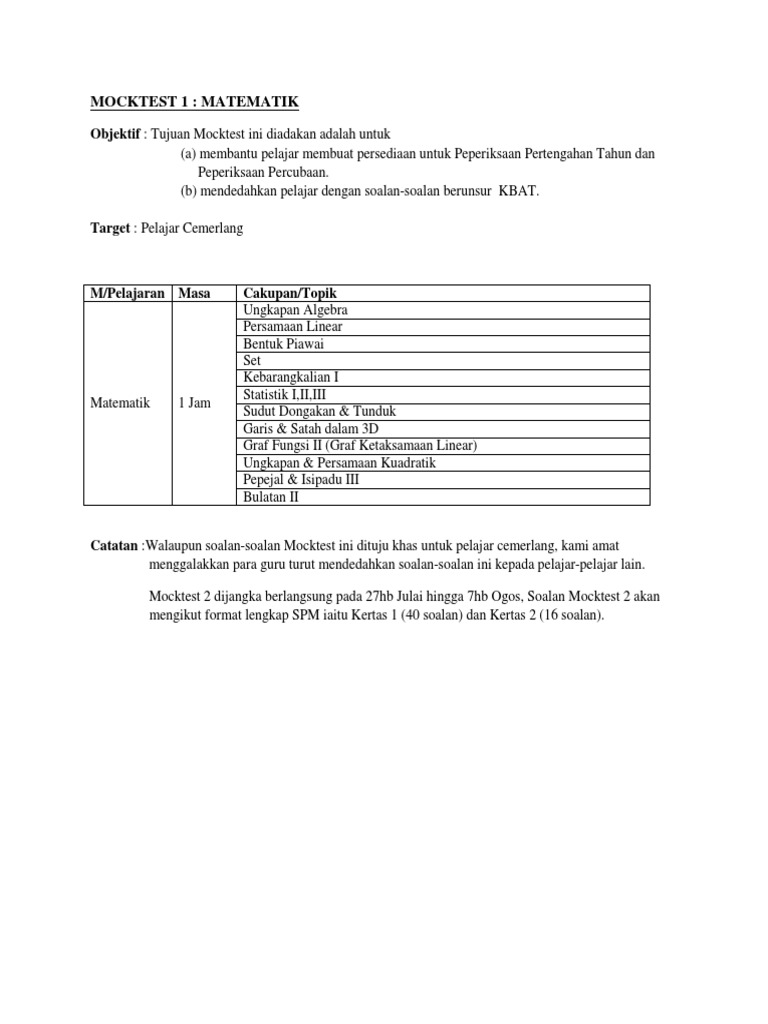 Cakupan Topik Jpn Perak Mock Test 1 Matematik 2015 Pdf