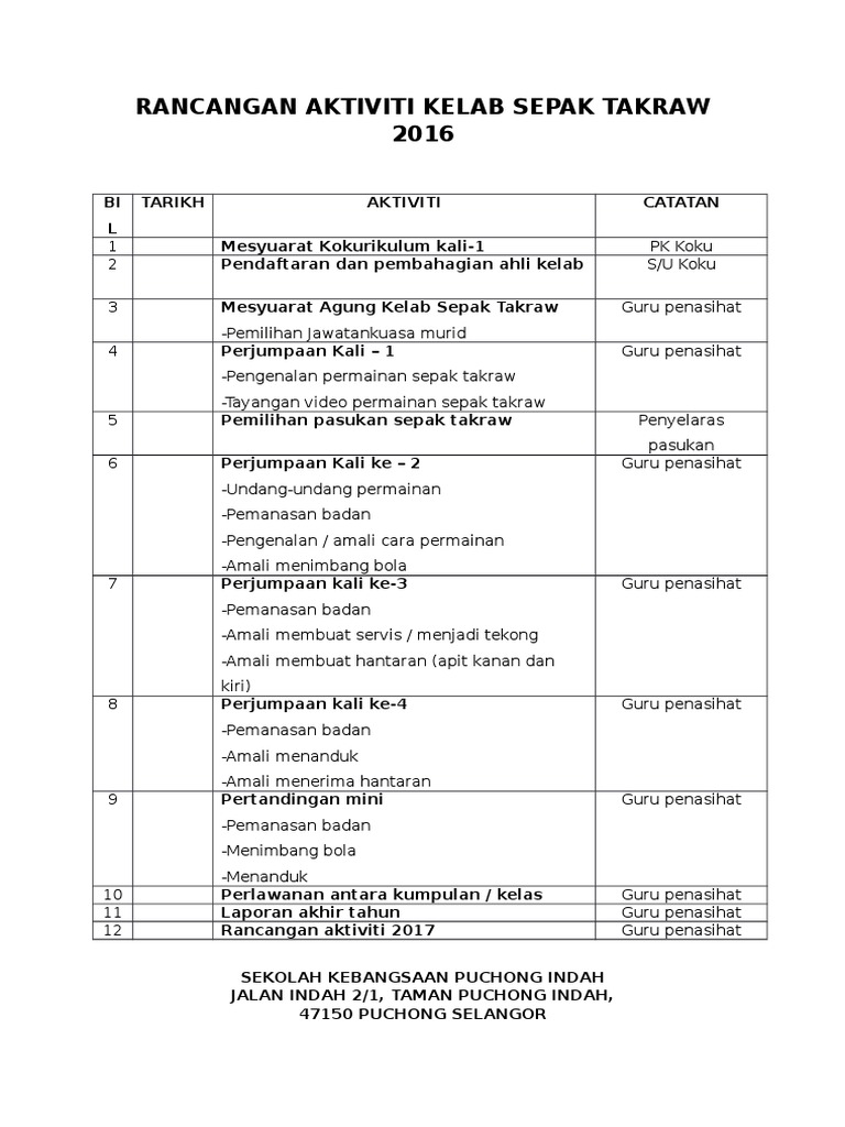 2 Rancangan Aktiviti Kelab Sepak Takraw 2016 Pdf