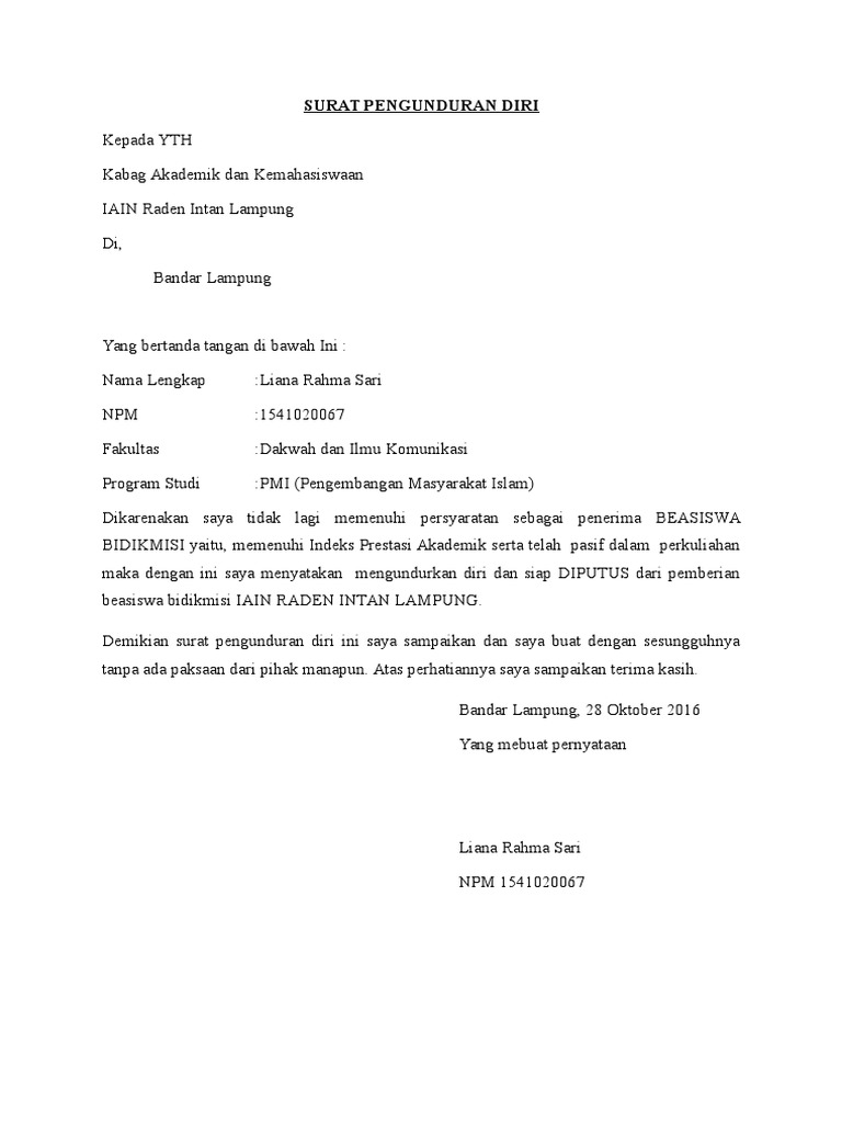 Surat Pengunduran Diri Liana Contoh Surat Pengunduran Diri Dari Beasiswa.