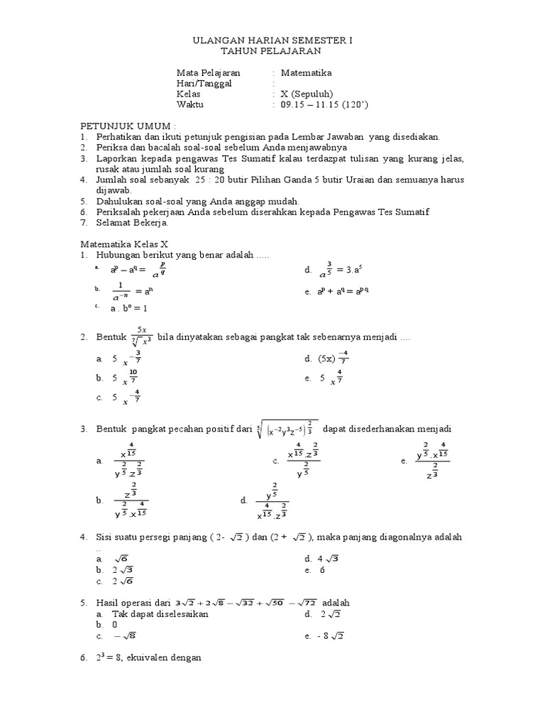 Soal Matematika SMA Ulangan Harian Kelas X Semester 1