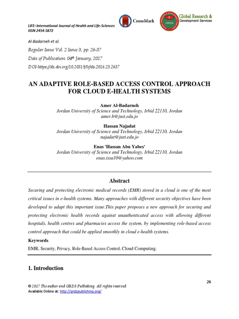 An Adaptive Role-Based Access Control Approach For Cloud E-Health ...