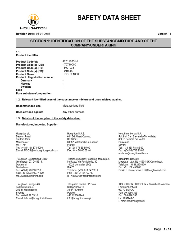 Hocut 1033_clp SdsEn Dangerous Goods Personal Protective Equipment