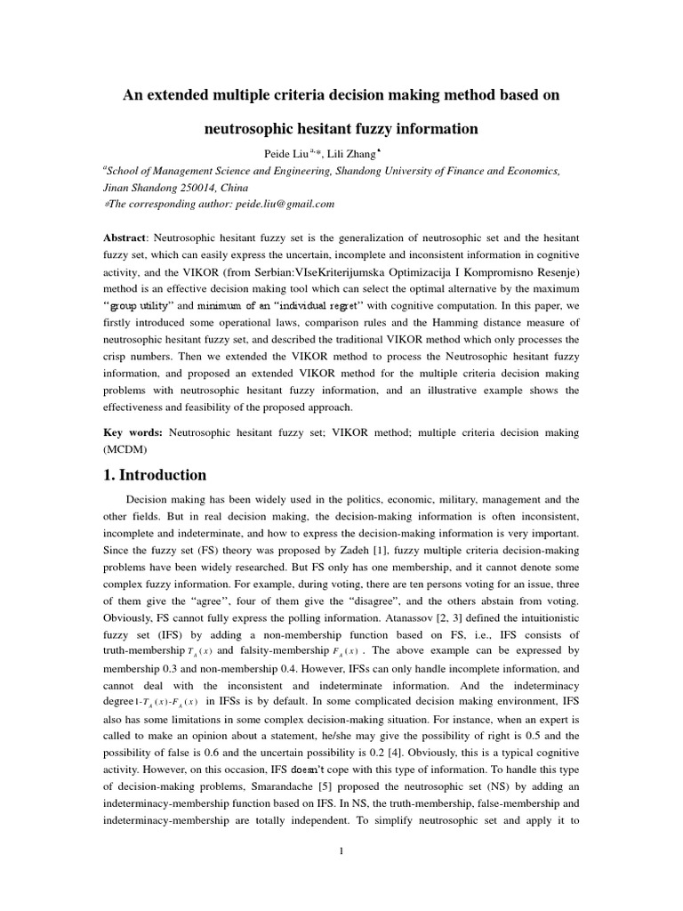 Extended VIKOR Method for Neutrosophic Decision Making | PDF | Analysis ...