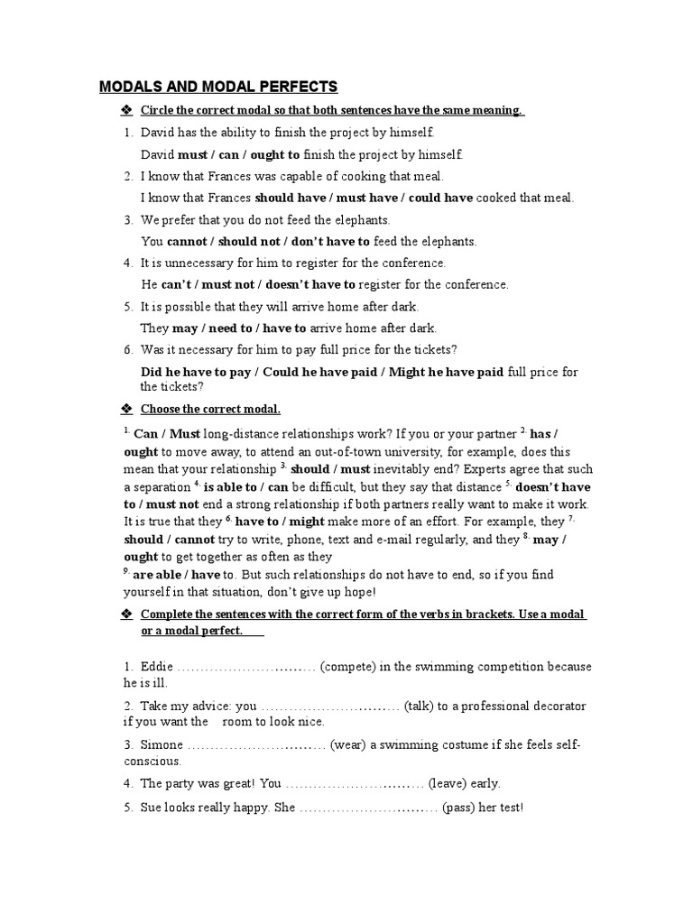 Modals and Modal Perfects Exercises | PDF | Ellipsis | Modal Logic