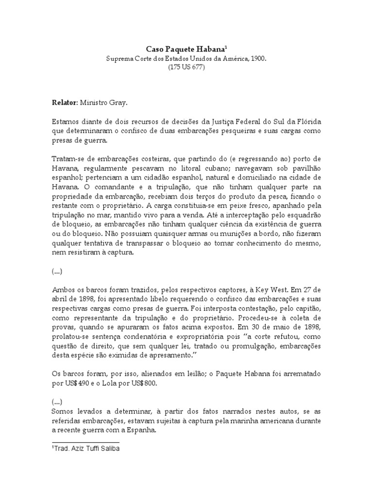 Caso Paquete Habana Suprema Corte Dos Estados Unidos Da América, 1900