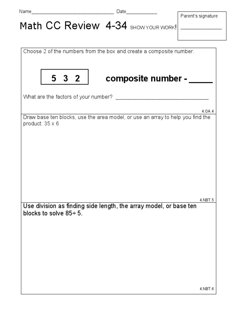 Math CC Review Worksheet 4-34 | PDF