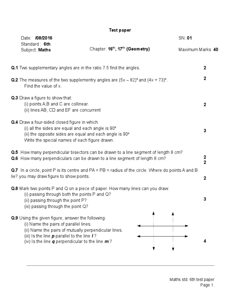 TH TH: Maths STD: 6th Test Paper | PDF | Teaching Methods & Materials | Art