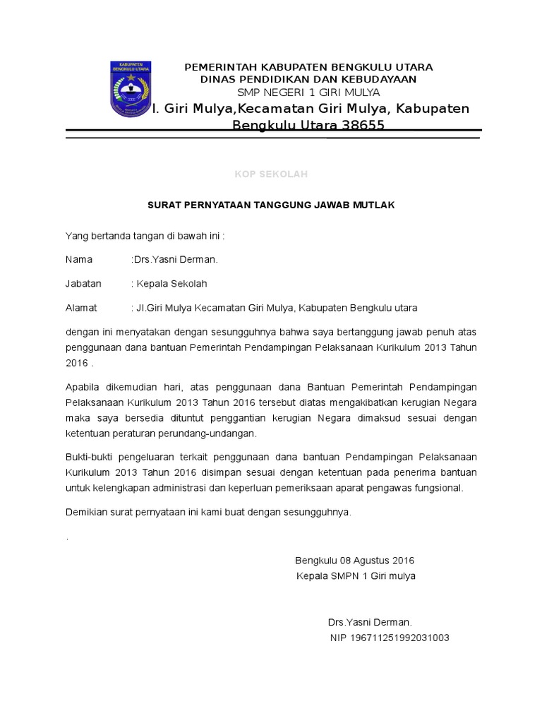 5 Surat Pernyataan Tanggung Jawab Mutlak Smp Kepala SMK Nusantara Madiun.