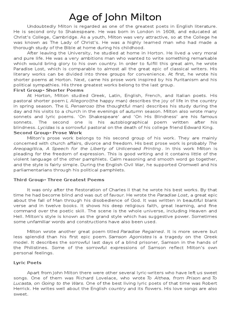 Age of John Milton PDF John Milton Poetry