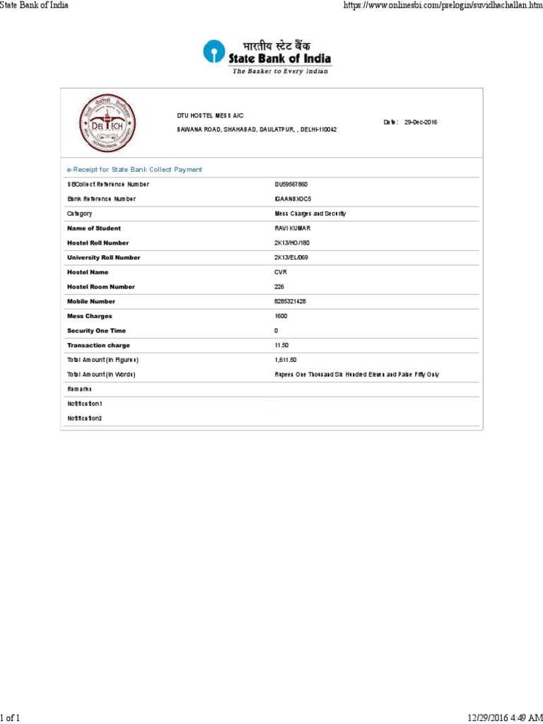 DTU Hostel Mess Payment Receipt | PDF