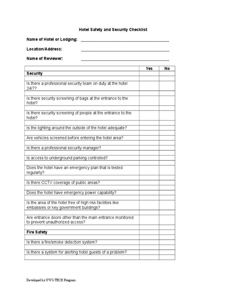 Hotel Safety and Security Checklist | PDF