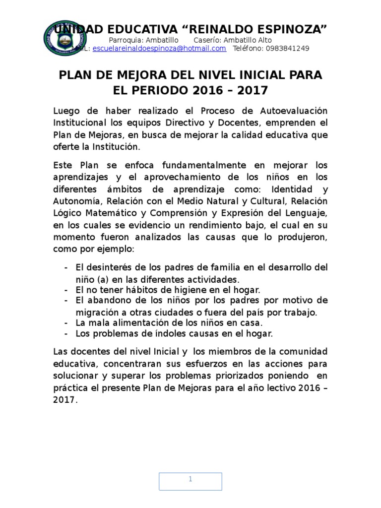 Plan de Mejora Nivel Inicial 2016-2017 | PDF | Evaluación | Aprendizaje