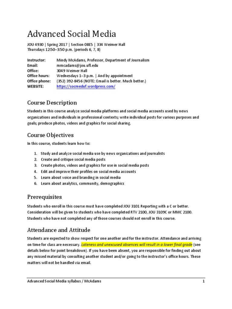 Advanced Social Media Syllabus 2017 PDF Social Media Popular