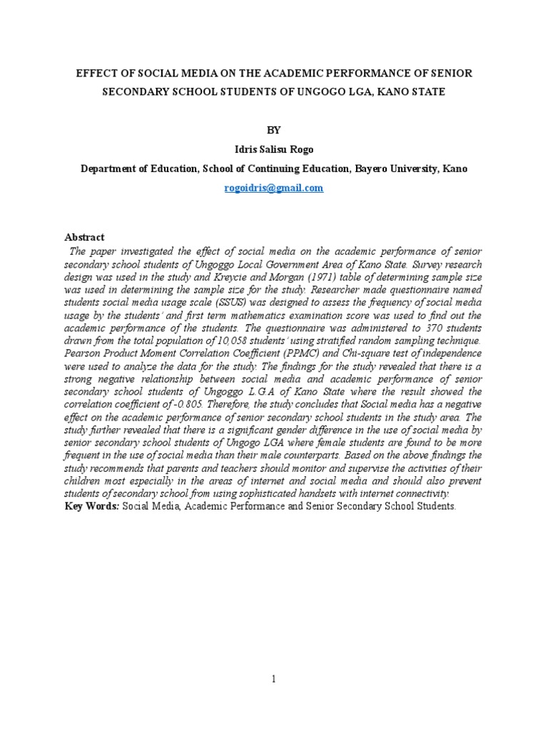 Effect of Social Media On The Academic Performance of Senior Secondary ...