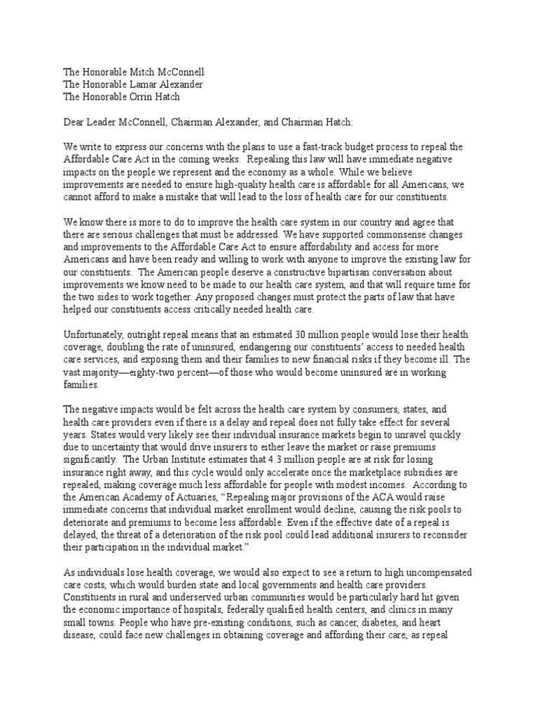 Moderate Senate Democrats Letter To McConnell, Alexander, and Hatch On ...