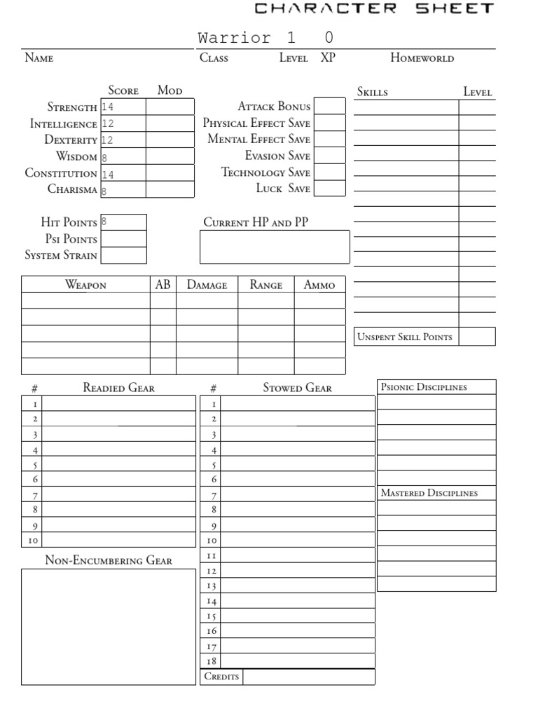 Stars Without Number Character Sheet | PDF | Role Playing Games | Gaming