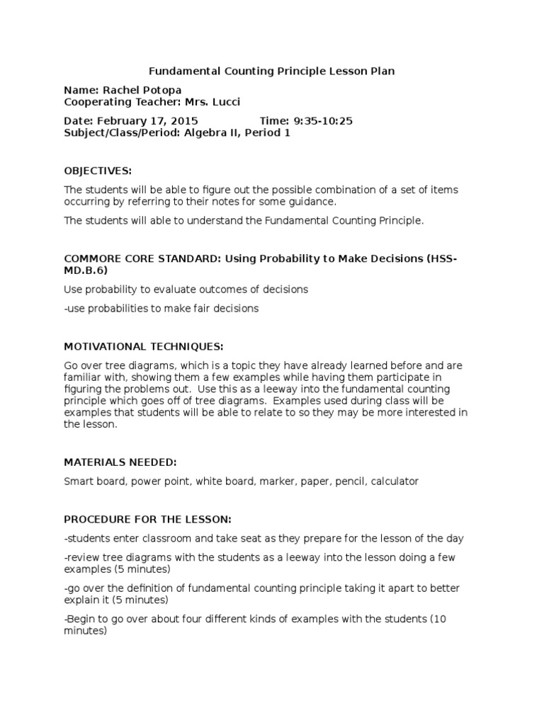 Fundamental Counting Principle Lesson Plan  PDF  Lesson Plan With Regard To Fundamental Counting Principle Worksheet