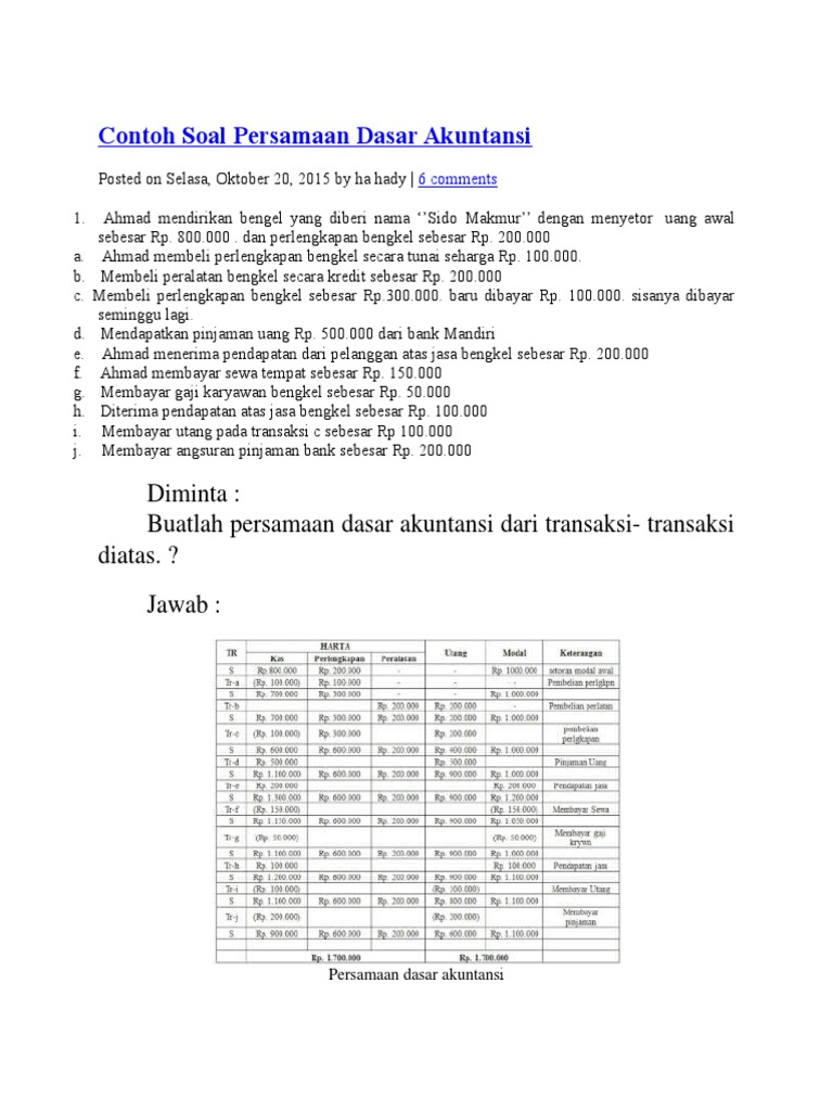 Contoh Soal Persamaan Dasar Akuntansi