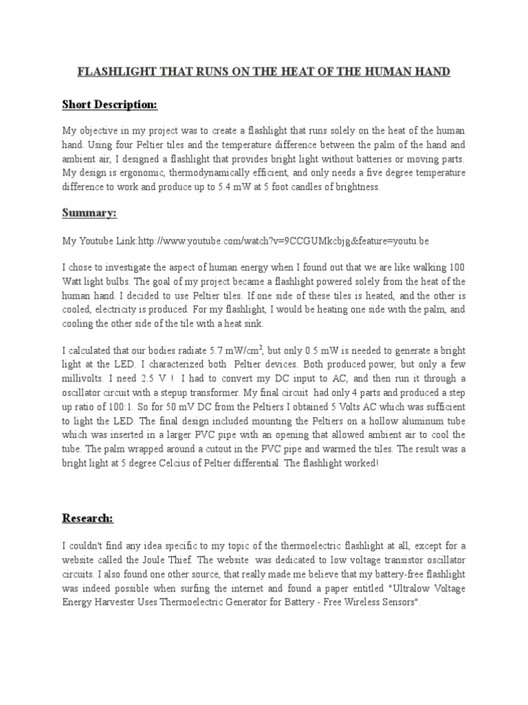 Hand Heat-Powered Flashlight Design | PDF