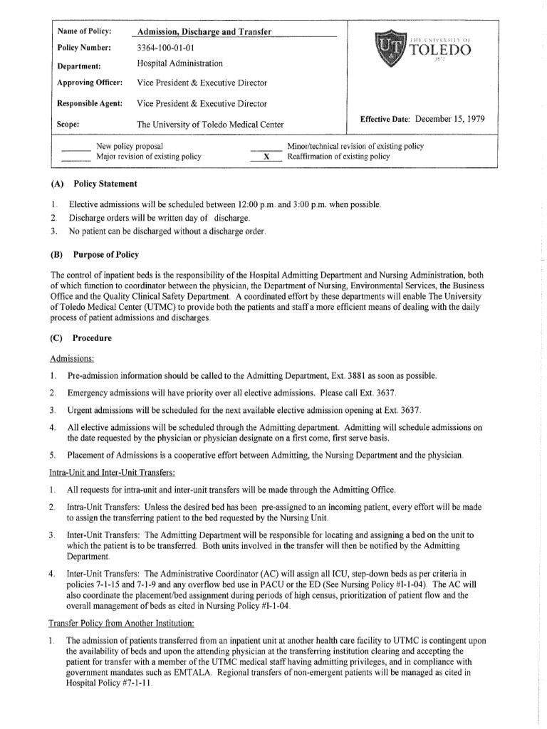Admission, Discharge, and Transfer Policy | PDF | Patient | Emergency ...