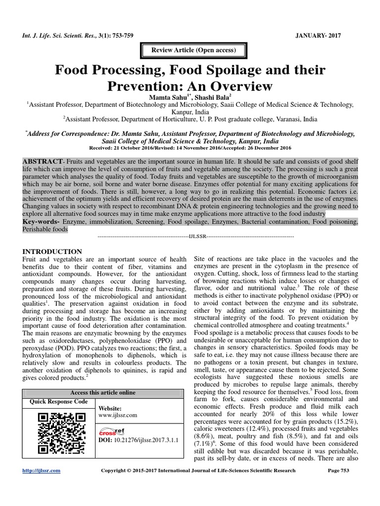 Food Processing, Food Spoilage and Their Prevention An Overview PDF