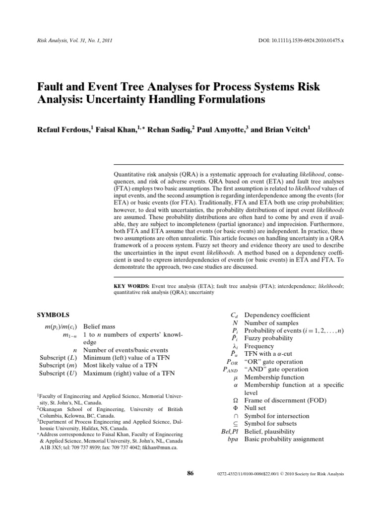 Fault and Event Tree Analyses For Process Systems Risk Analysis ...
